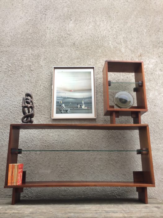 Mid Century solid timber and glass shelving unit or room divider.