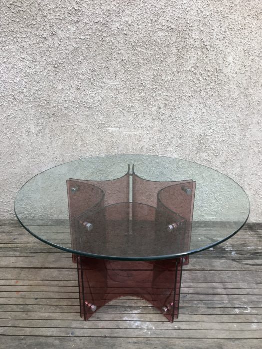 Retro Albrizini Style Circular Glass Topped Coffee Table Burgundy Perspex Base