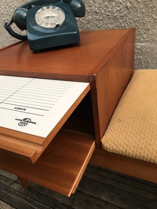 Retro Telephone Hall Table with Seat Drawer & Shelf Teak Wood by Chippy