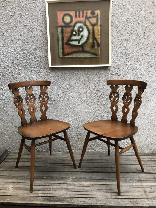 Set Four Vintage ERCOL Fleur De Lys Dining Chairs 375 Carved Back