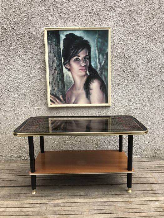 Vintage Mid Century Patterned Glass Top Wooden Coffee Table