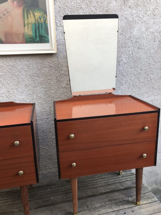 Matching Pair Of 1950s Vintage Retro 2 Drawer Bedroom Chests One With Mirror