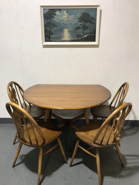 Vintage Golden Dawn ERCOL Round Drop Leaf Table and 4 Windsor Chairs