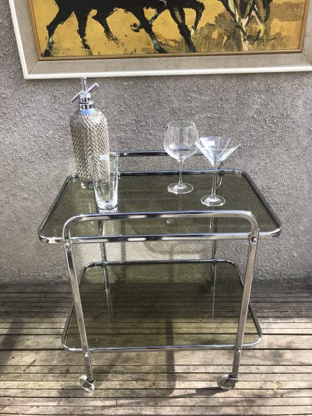 Retro Vintage Two Tier Chrome Metal and Smoked Glass Drinks Serving Hostess Trolley