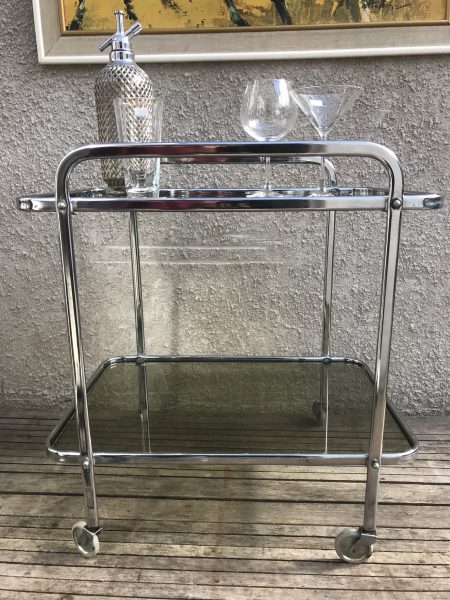 Retro Vintage Two Tier Chrome Metal and Smoked Glass Drinks Serving Hostess Trolley