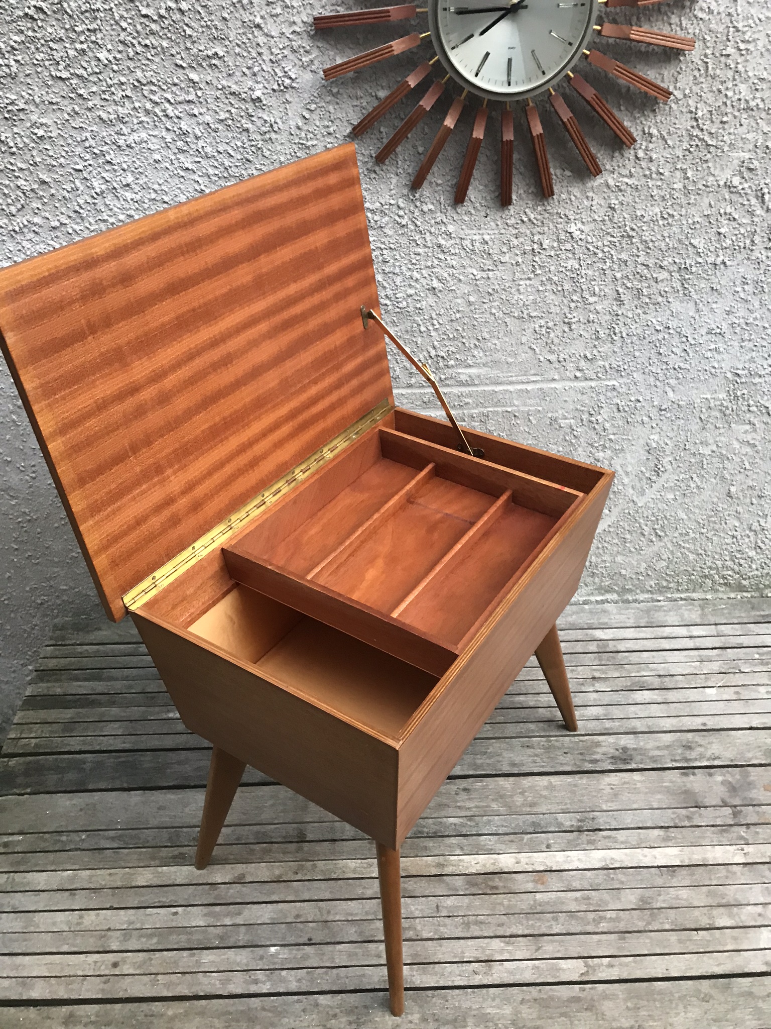 Vintage Mid Century Danish Style Teak Wooden Sewing Box on Legs