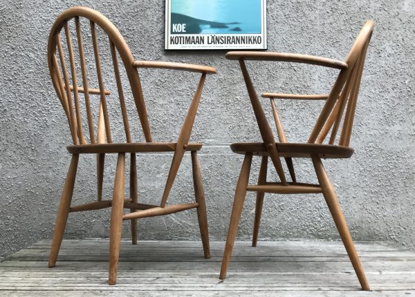 Pair of Vintage ERCOL Windsor Armchairs Carver Kitchen Dining Chairs Blue Label Model 139a 