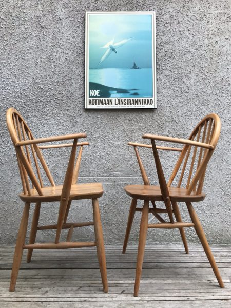 Pair of Vintage ERCOL Windsor Armchairs Carver Kitchen Dining Chairs Blue Label Model 139a 