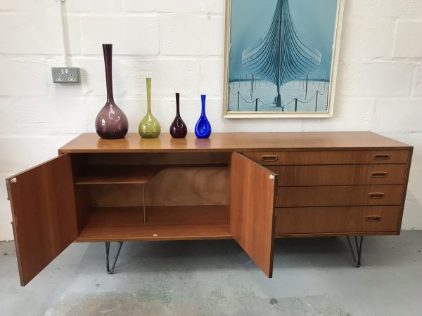 1960s / 1970s Vintage Retro Danish Inspired Teak Long Sideboard on Hairpin Legs