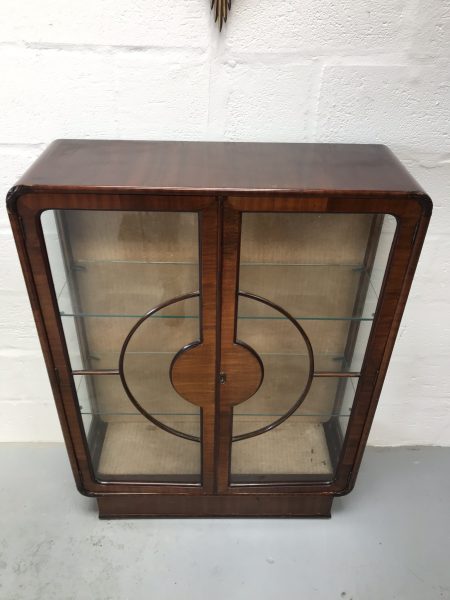 Art Deco Walnut Lockable Bookcase Display Cabinet