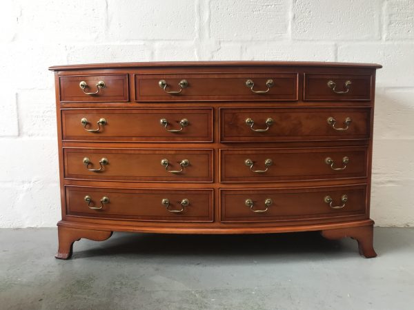 Vintage Pair of BRADLEY Yew Wood Chests of 9 Drawers with Bowed Fronts 