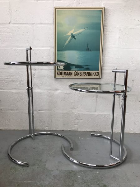 Pair of Retro Eileen Gray Style Classic Glass & Chrome Adjustable Height Side Tables
