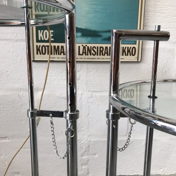 Pair of Retro Eileen Gray Style Classic Glass & Chrome Adjustable Height Side Tables