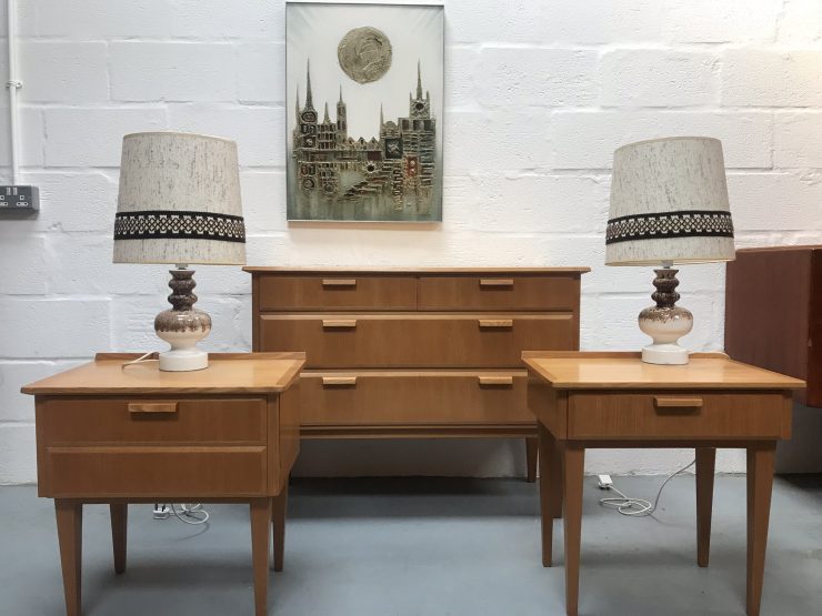 Mid Century Style Light Oak Chest Of Drawers And Matching Bedside