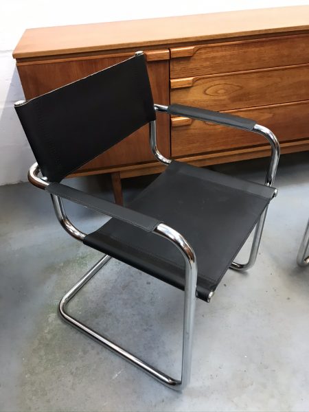 2 x Retro Style Italian Black Faux Leather & Chrome Chairs Bauhaus Style