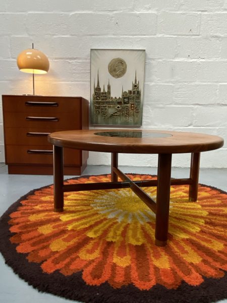 Classic Retro G Plan Teak Retro Circular Coffee Table With Smoked Glass Centre